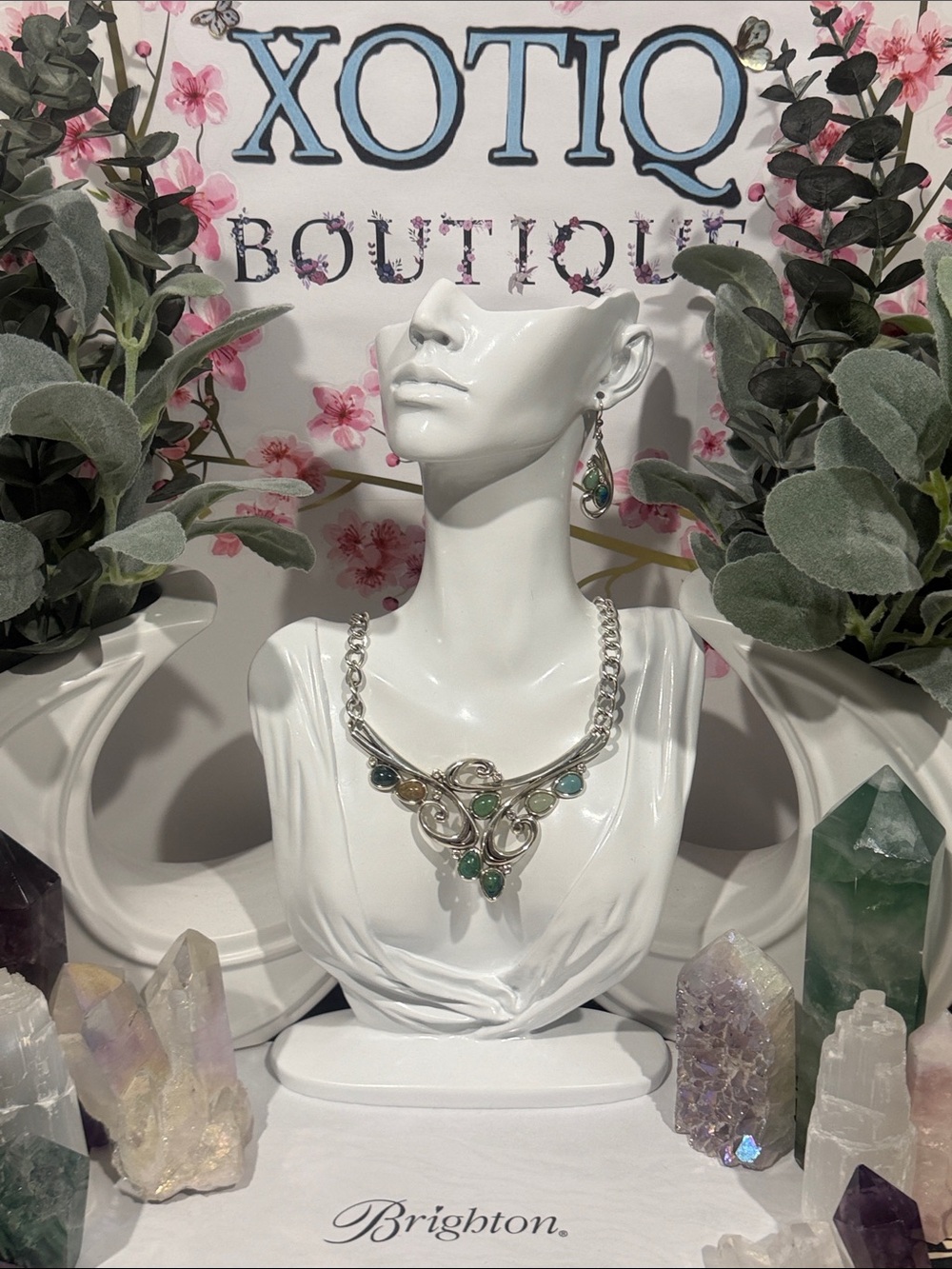 🩵 RARE BRIGHTON SET VTG SLVR Multi-Stone SWAROVSKI CRYSTAL Necklace & Earrings!